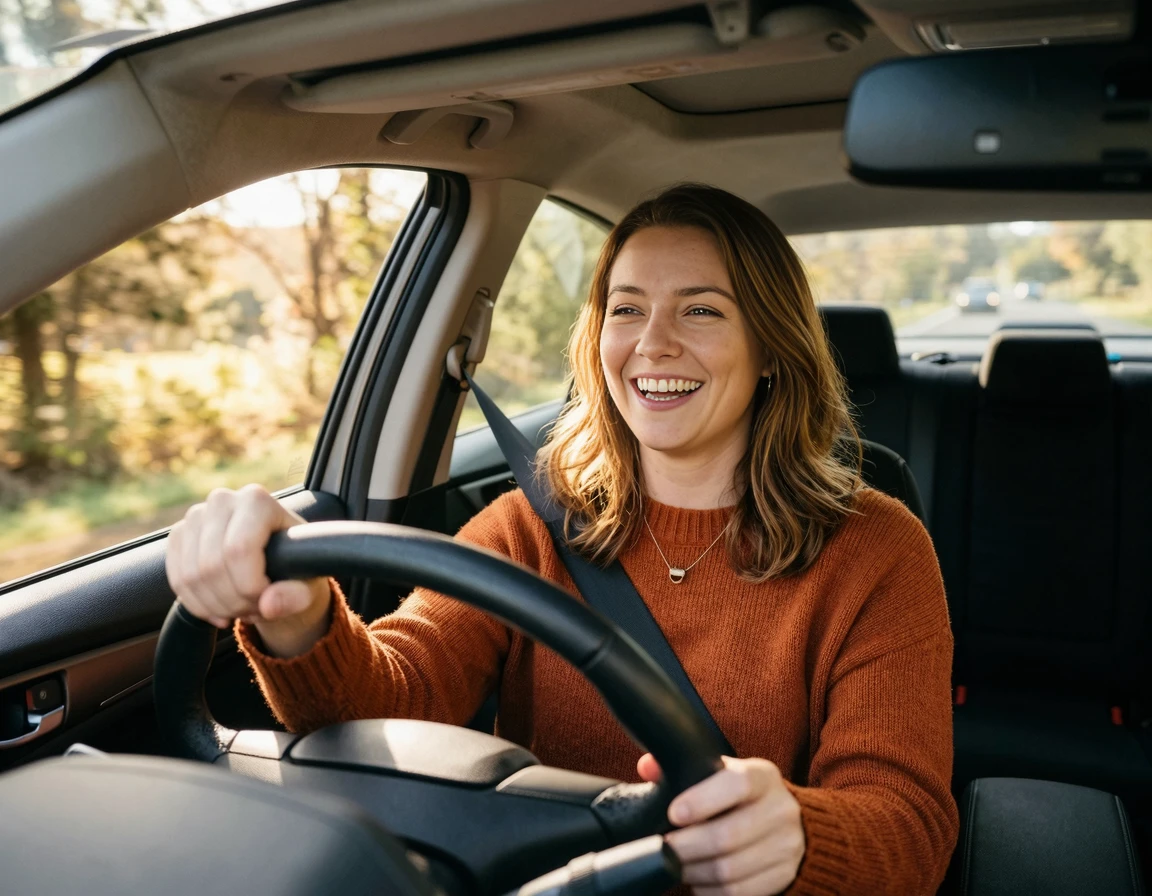 새 차 운전석에서 미소 짓는 운전자
