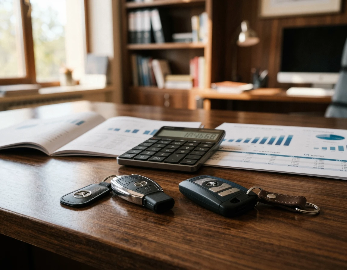 책상 위에 놓인 수입차 스마트키와 계산기