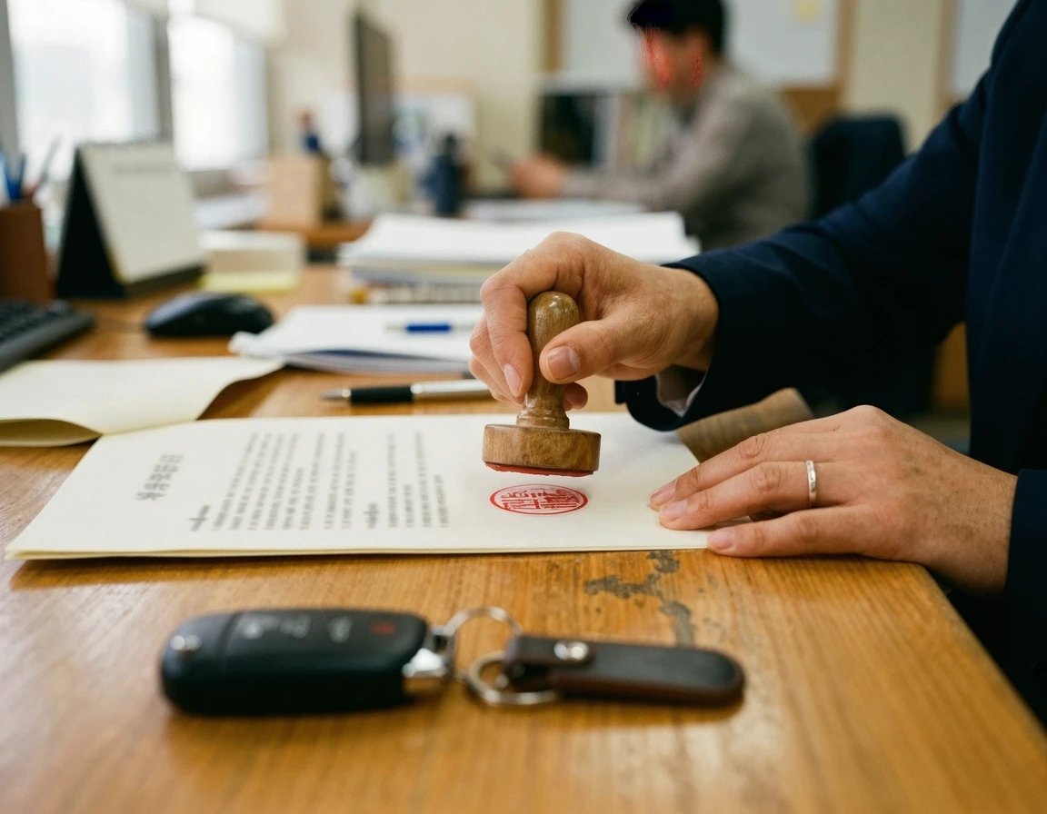 자동차 저당권 말소 및 양도 서류에 도장을 찍는 모습