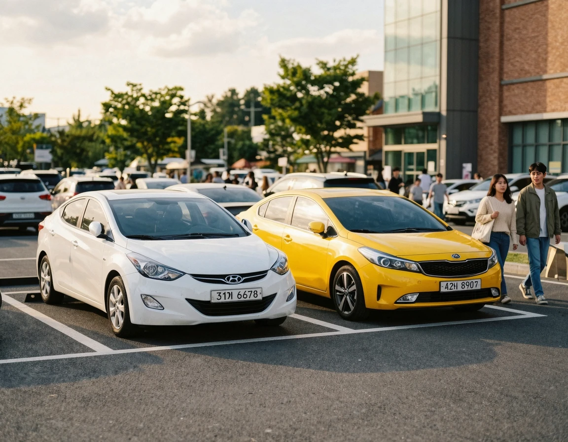 나란히 주차된 독특한 색상과 무채색의 세단 비교