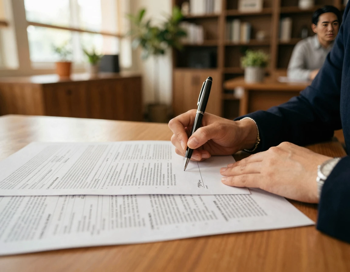 장기렌트 계약서에 서명하기 전 꼼꼼히 확인하는 모습
