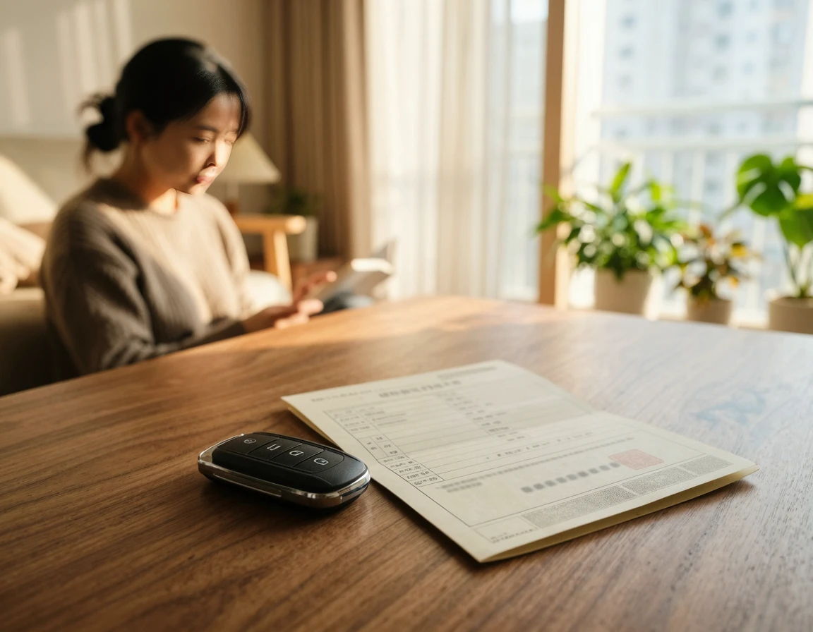 테이블 위에 놓인 자동차 스마트키와 등록 서류