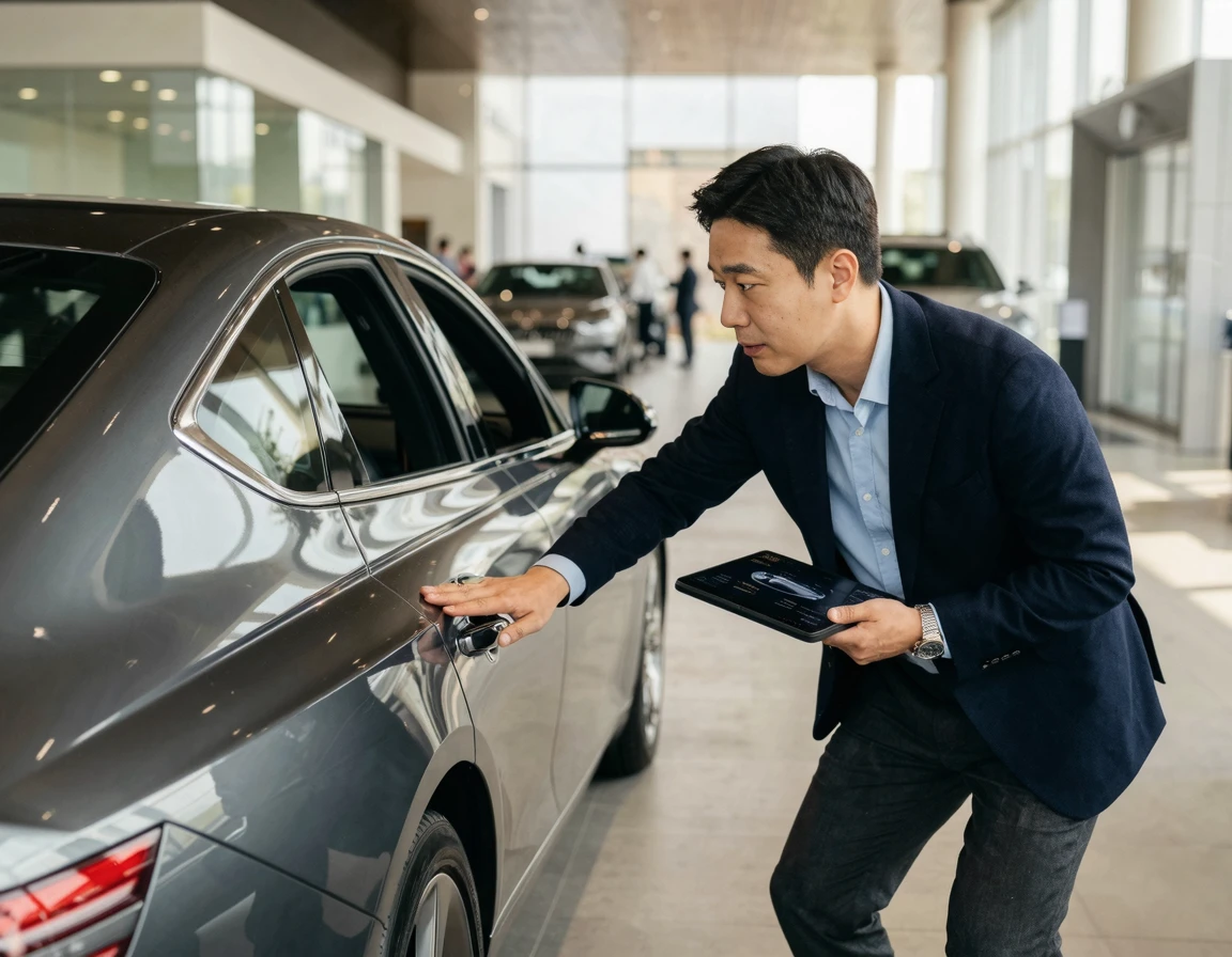 중고차 매장에서 차량을 꼼꼼히 점검하는 전문가