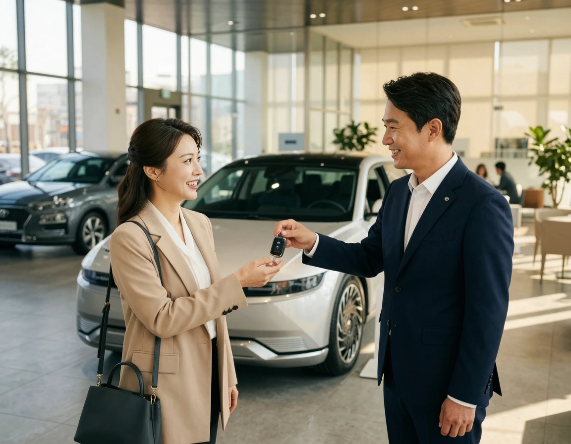 렌트카 대차 서비스를 위해 고객에게 차 키를 전달하는 모습
