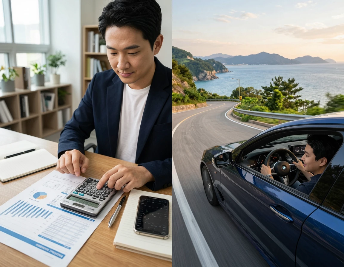 계산기와 그래프, 그리고 주행 중인 수입차 비교 이미지