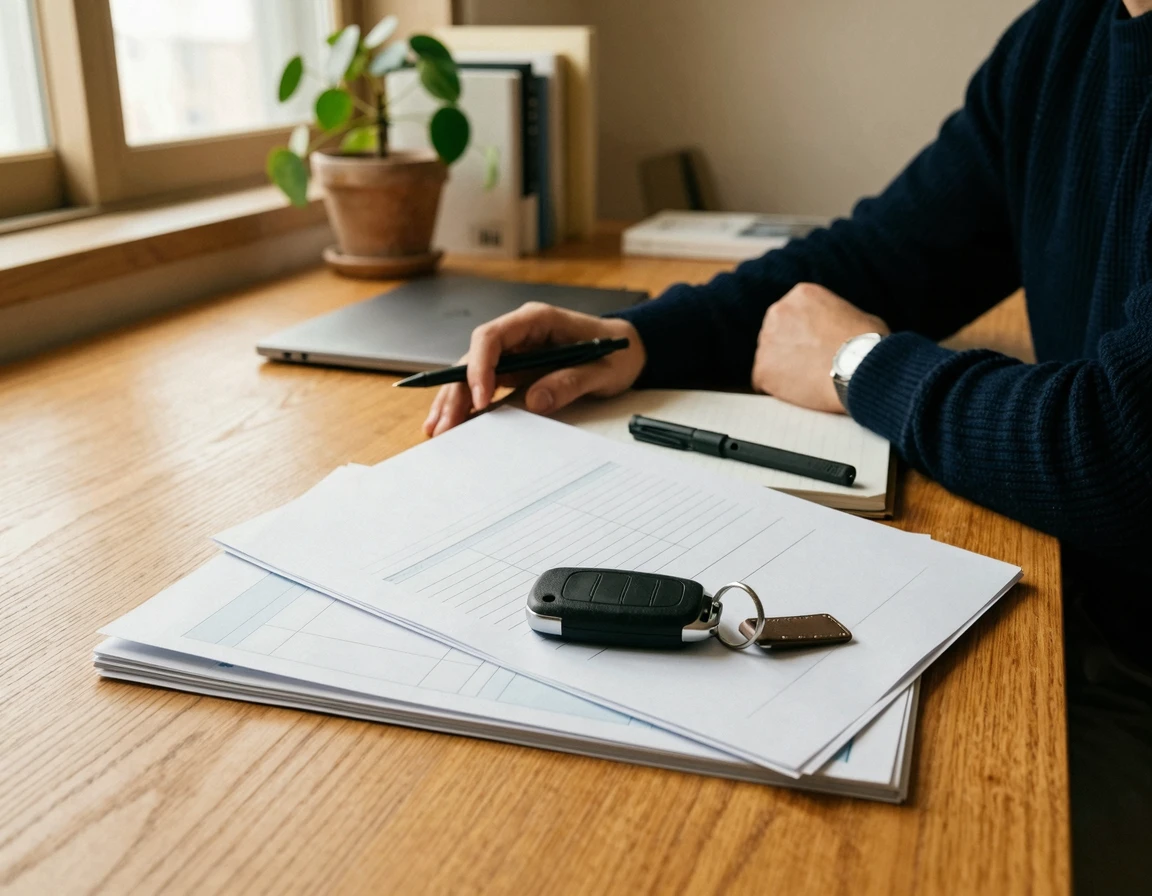 데스크 위의 자동차 키와 금융 서류