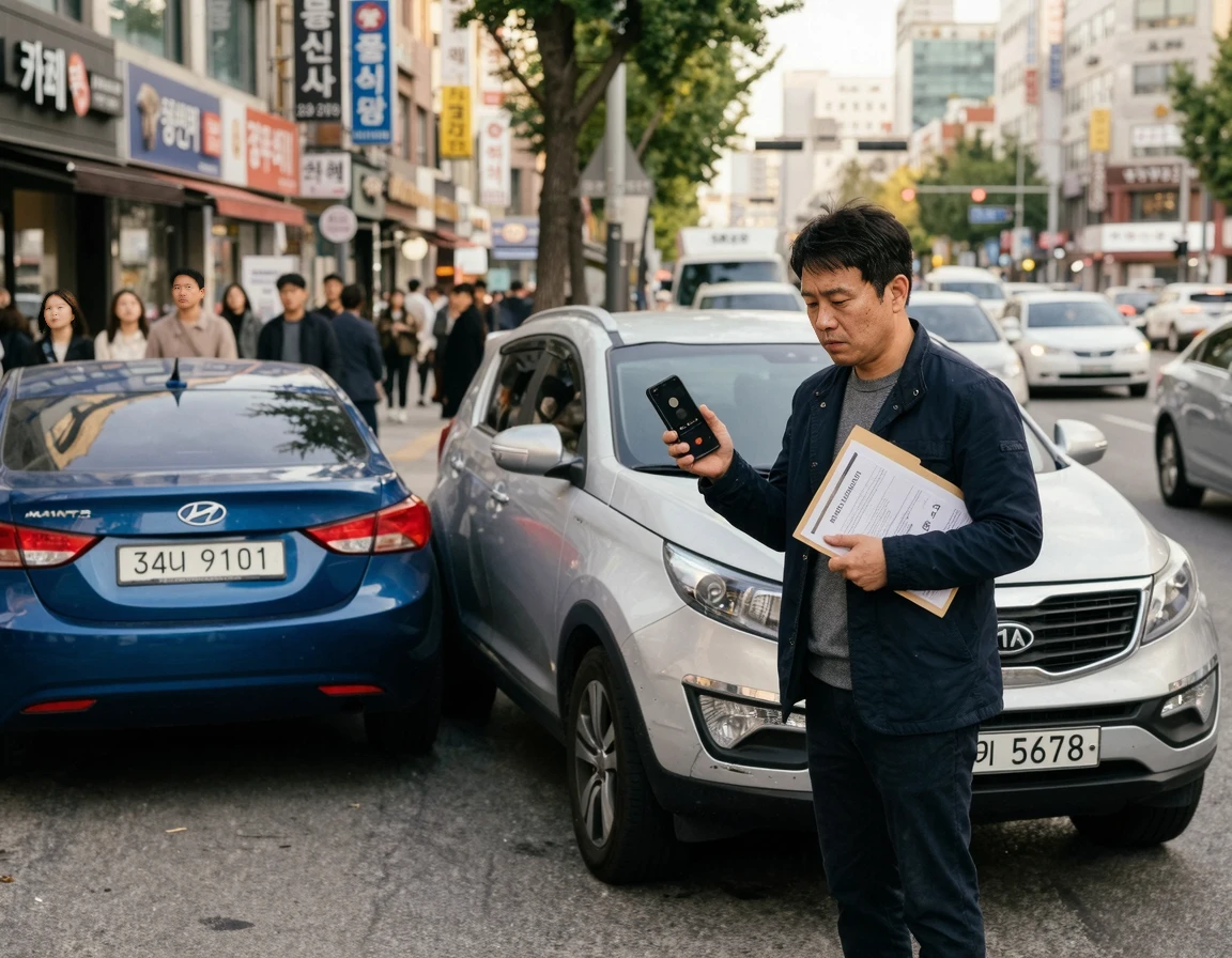 가벼운 접촉 사고 후 계약서를 확인하며 걱정하는 운전자