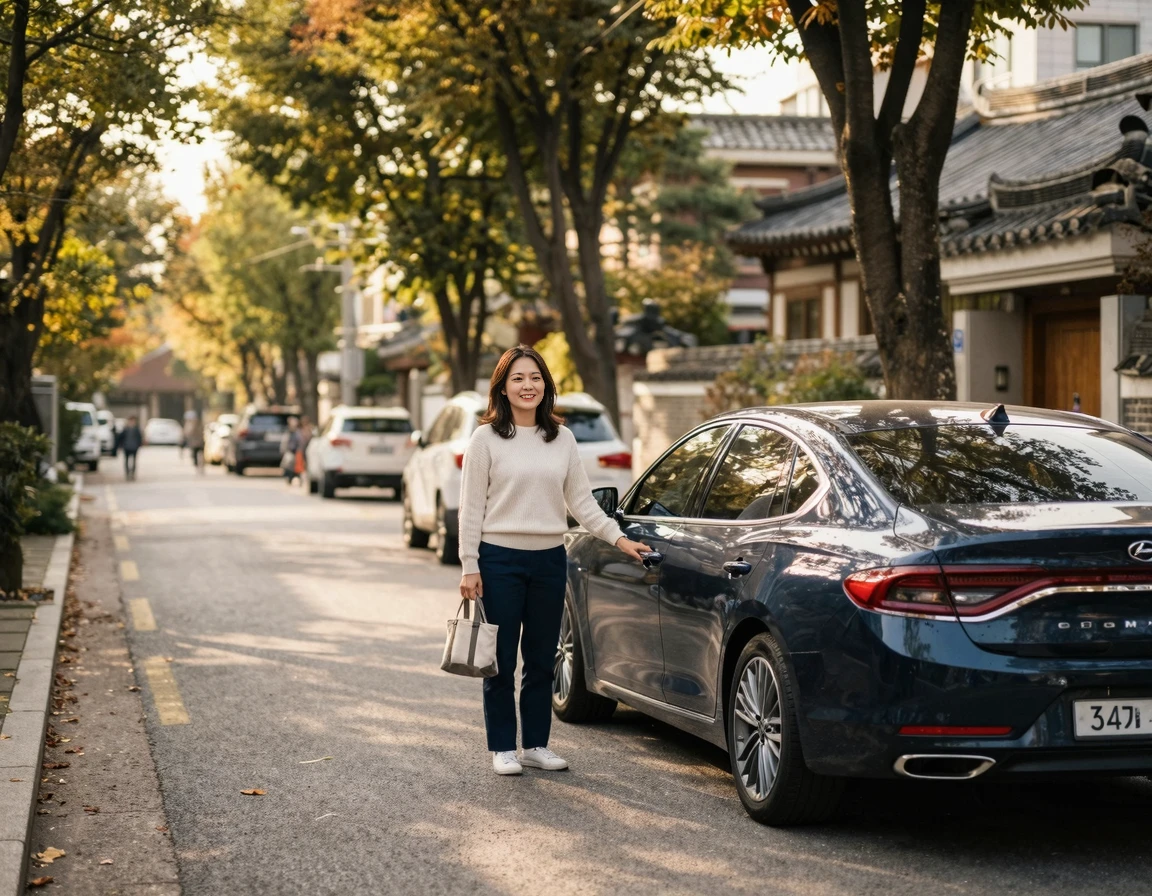 따뜻한 오후 햇살 아래 주차된 관리 상태가 좋은 세단