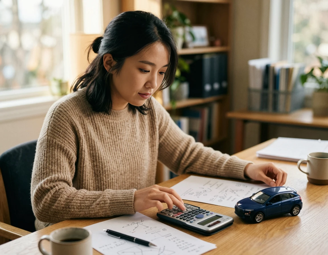 비용을 계산하는 계산기와 자동차 모형