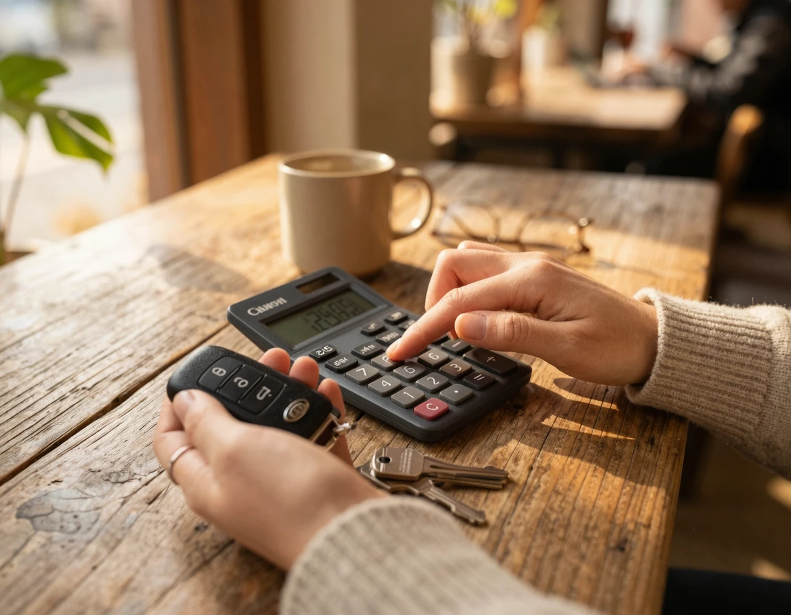 계산기를 두드리며 장기렌트 비용을 비교하는 모습