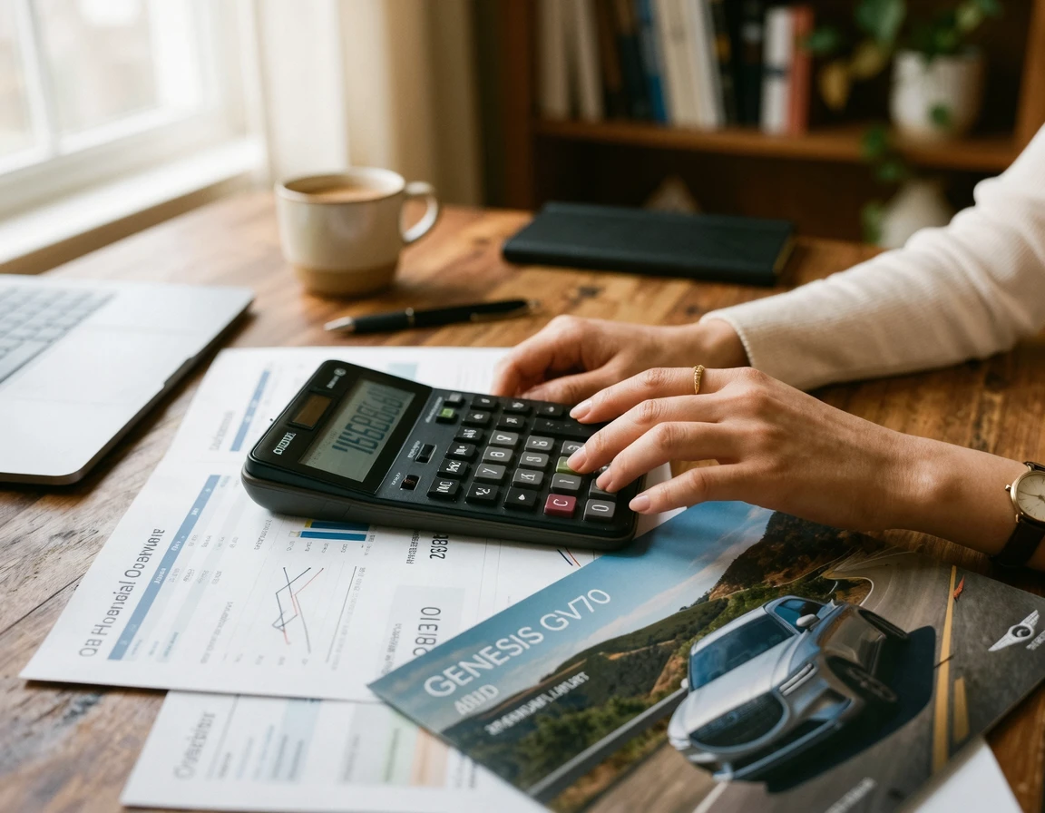 자동차 브로셔와 재무 차트 위에서 계산기를 두드리는 모습