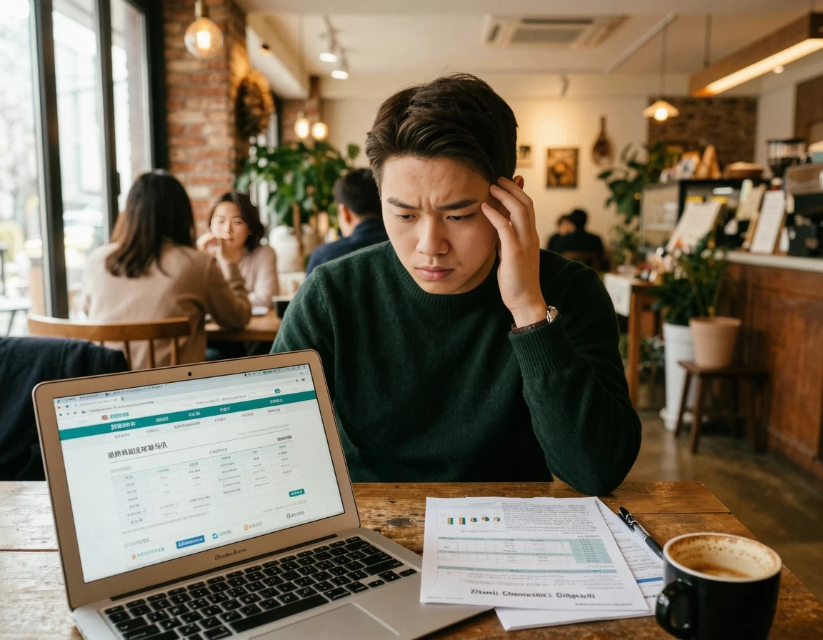 노트북으로 자동차 보험료를 확인하며 고민하는 초보운전자