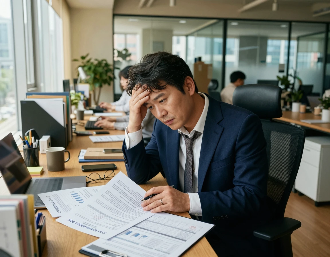 리스 계약서를 보며 고민하는 영업직 직장인