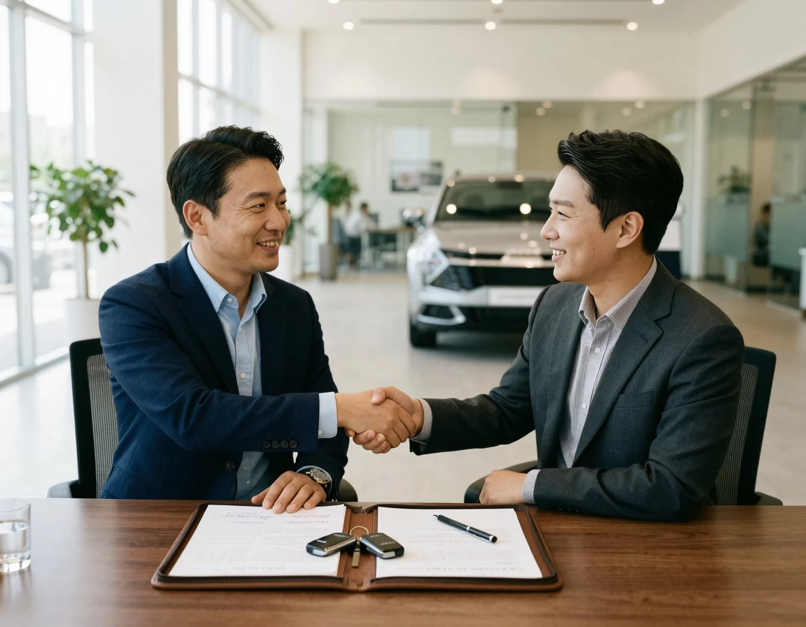 차량 승계 계약을 마치고 악수하는 두 사람