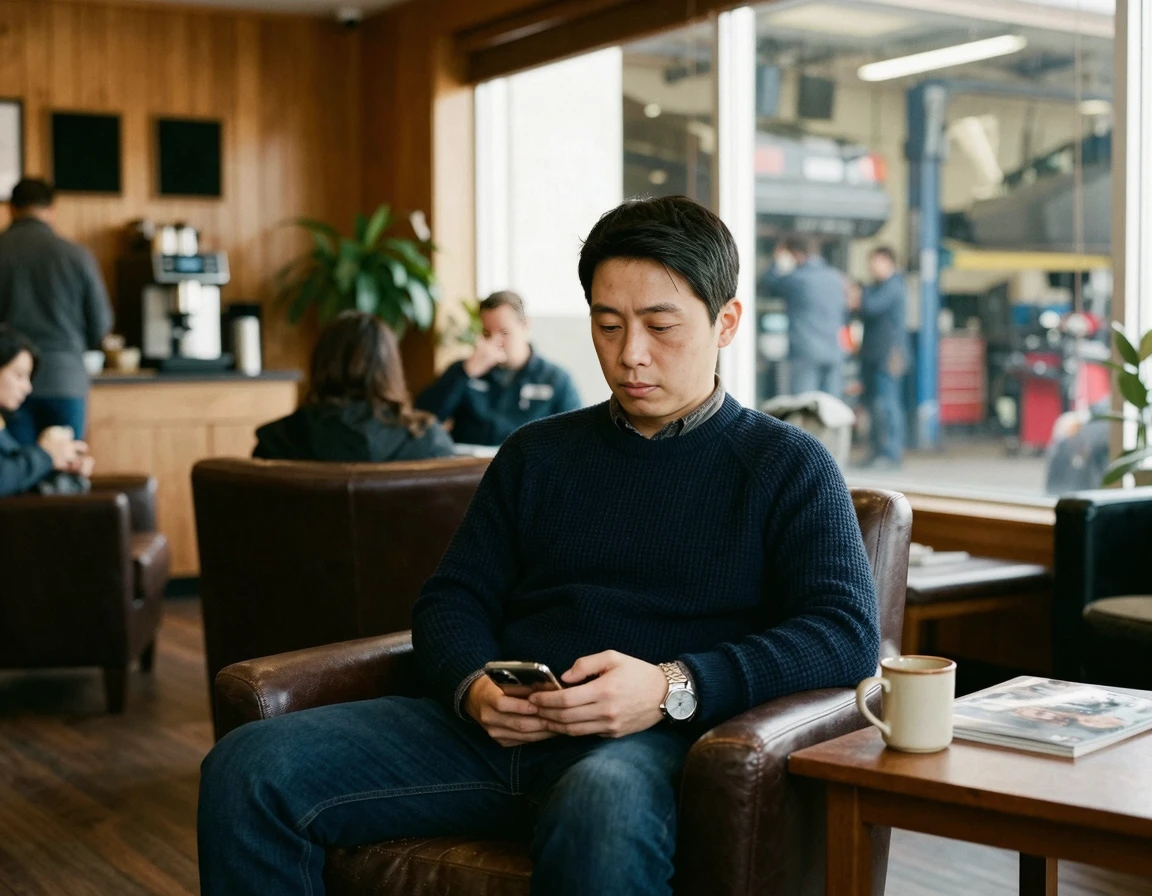 자동차 정비소 대기실에서 순서를 기다리는 남성