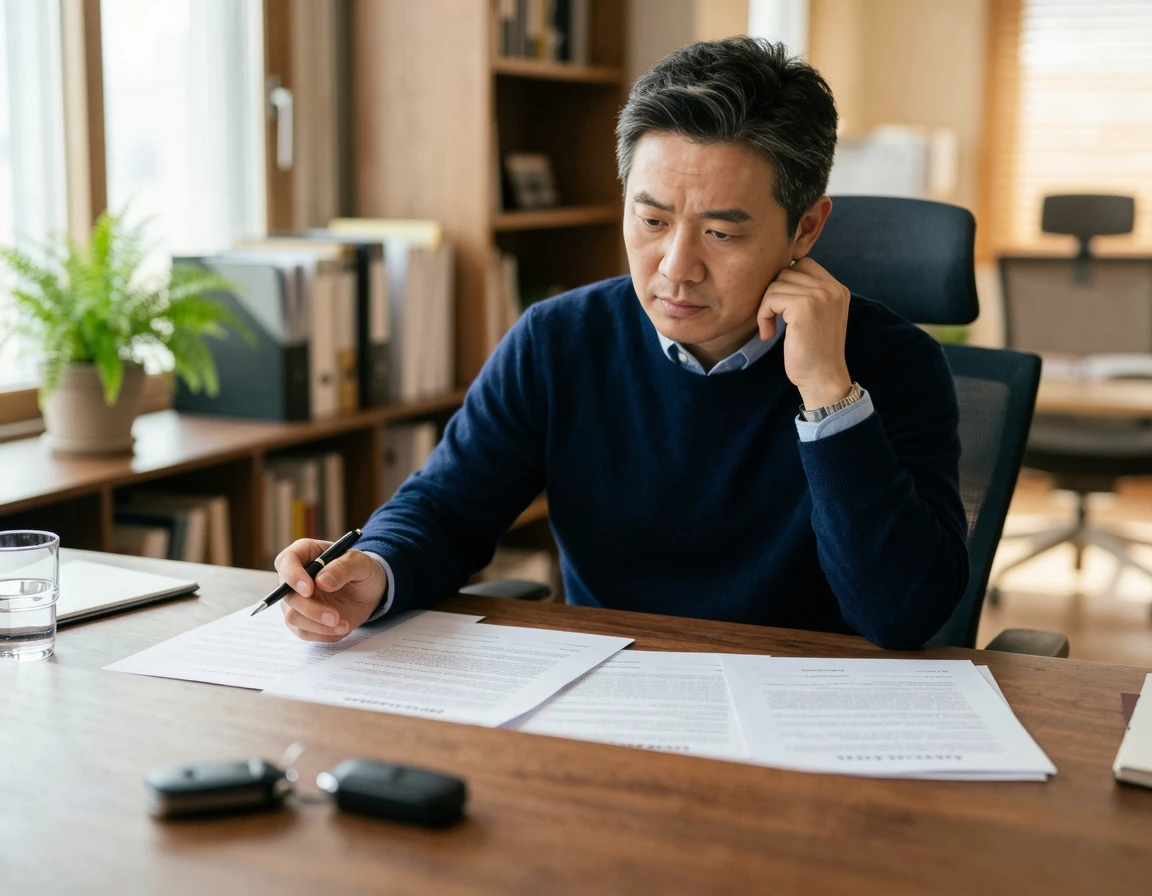 자동차 리스 만기 서류를 검토하는 남성