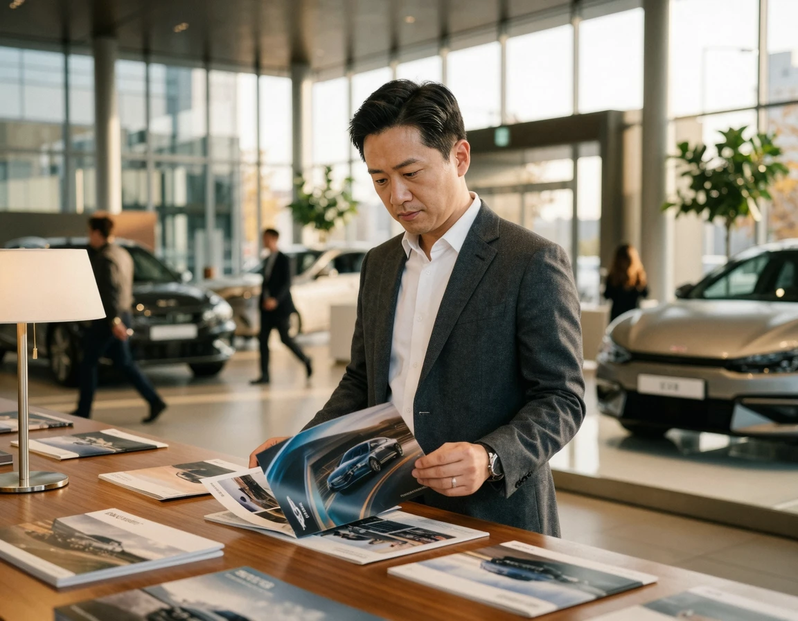 자동차 전시장에서 고민하는 남성
