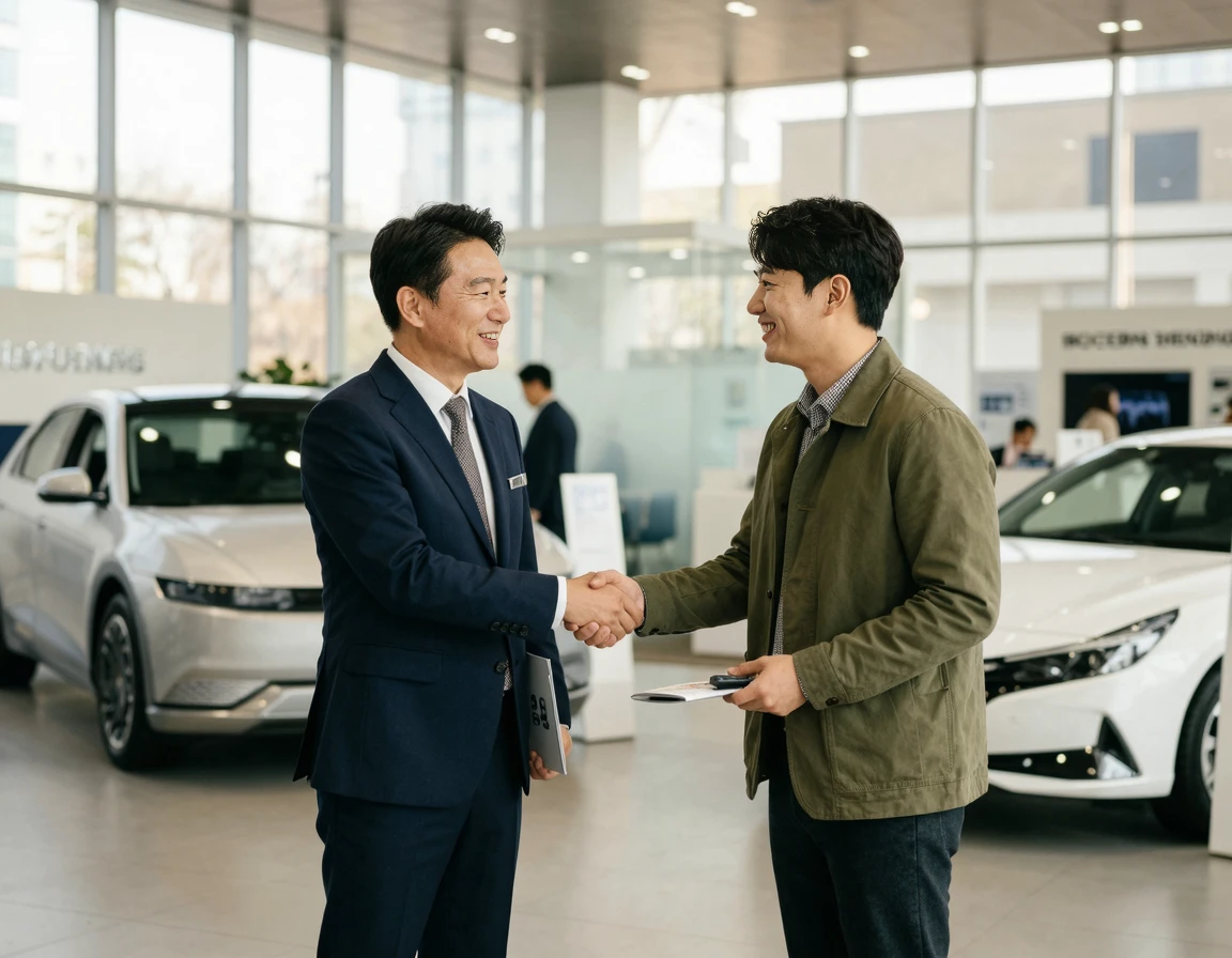 차량 계약 후 딜러와 악수하는 고객