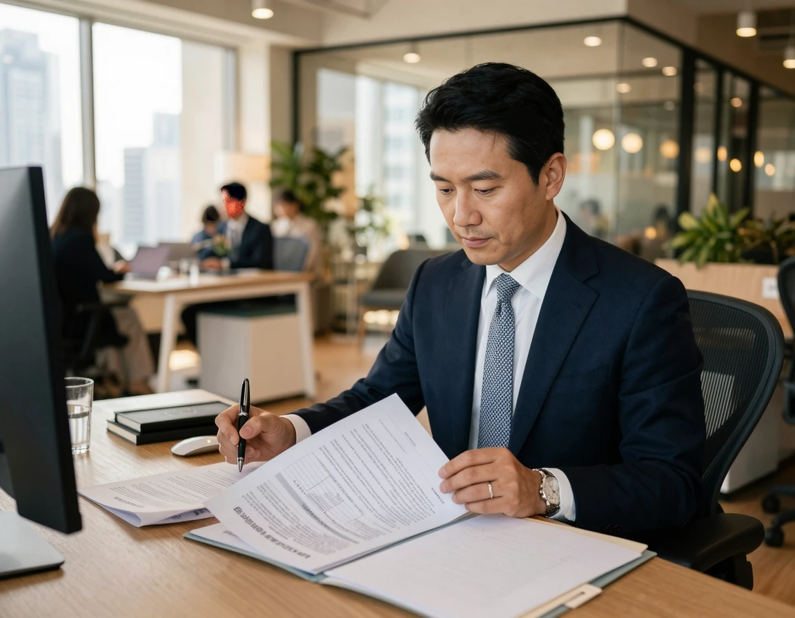 장기렌트 계약서를 꼼꼼히 검토하는 전문가의 모습