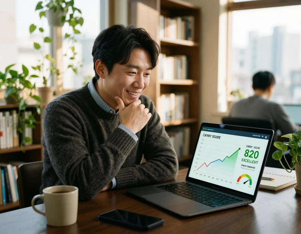 노트북으로 신용점수를 확인하는 모습