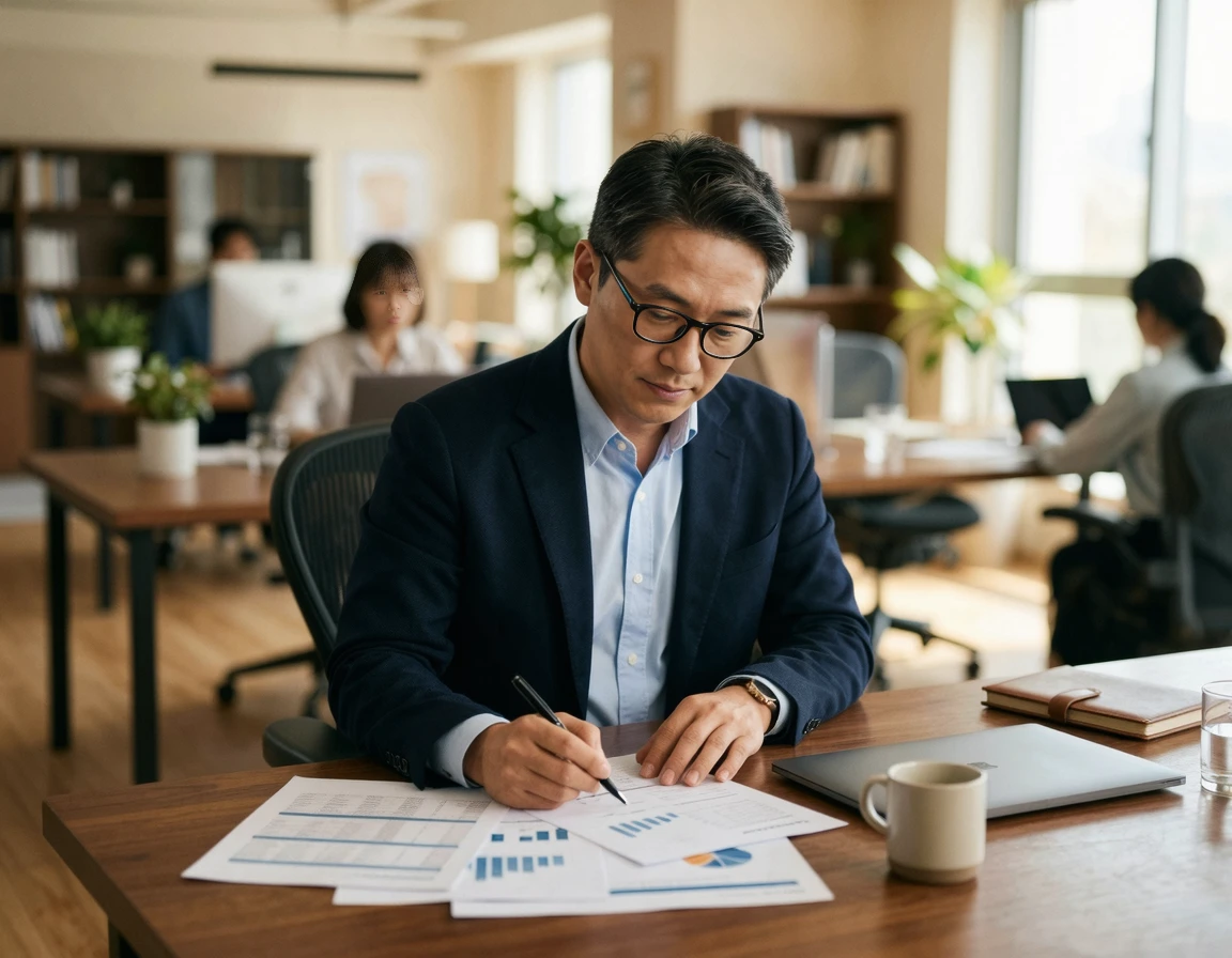 장기렌트 만기 서류를 검토하는 40대 남성