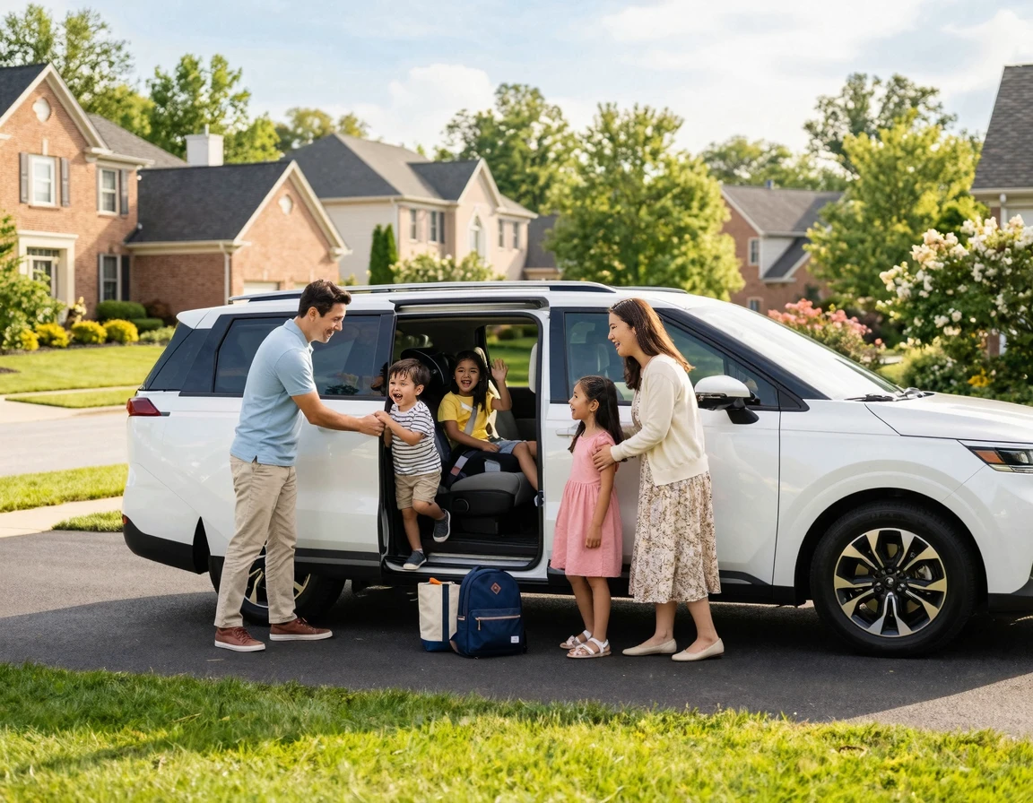 흰색 미니밴에 탑승하는 다자녀 가족의 모습