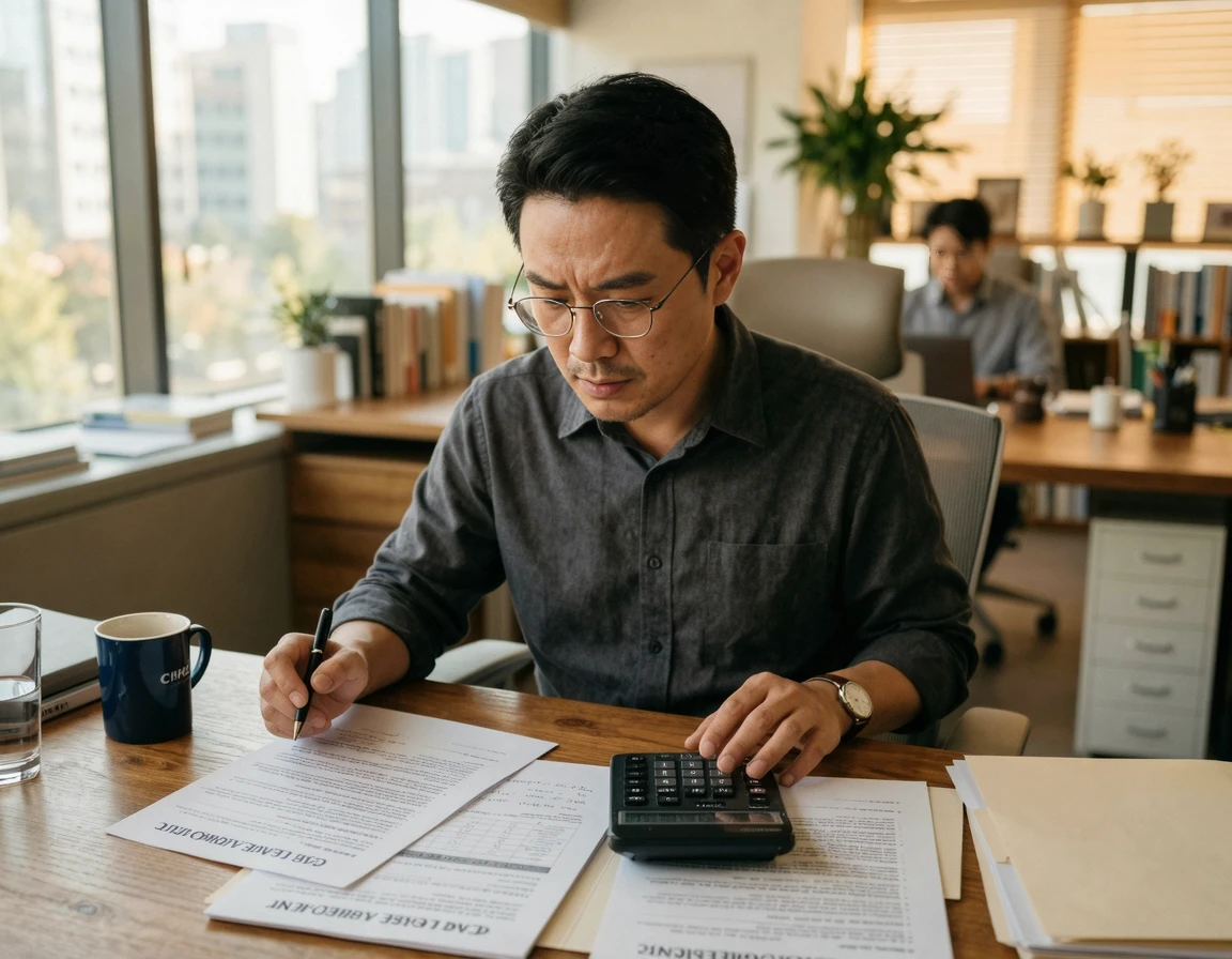 장기렌트카 계약서와 계산기를 보며 고민하는 남성