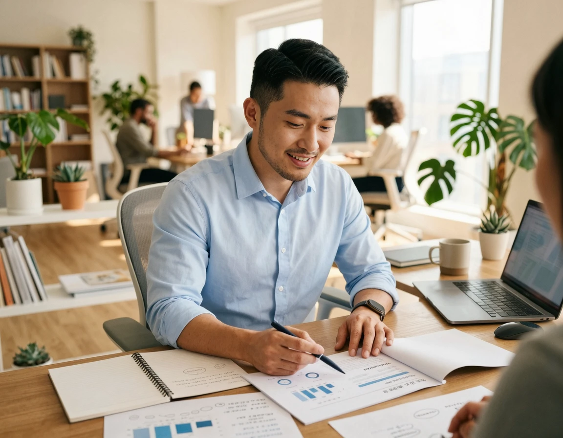 밝은 사무실에서 전문적으로 서류를 설명하는 남성