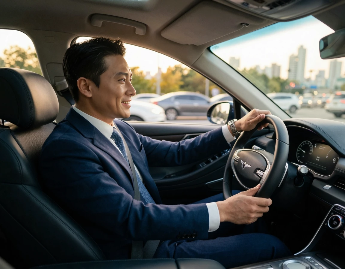 정장 차림으로 여유롭게 운전하는 비즈니스맨