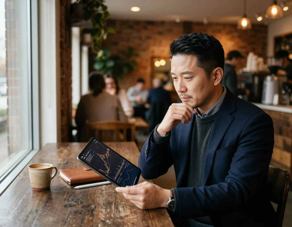 태블릿으로 자동차 금융 정보를 진지하게 확인하는 남성의 모습
