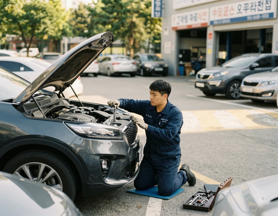 주차장에서 고객의 차량을 점검하는 방문 정비 기사