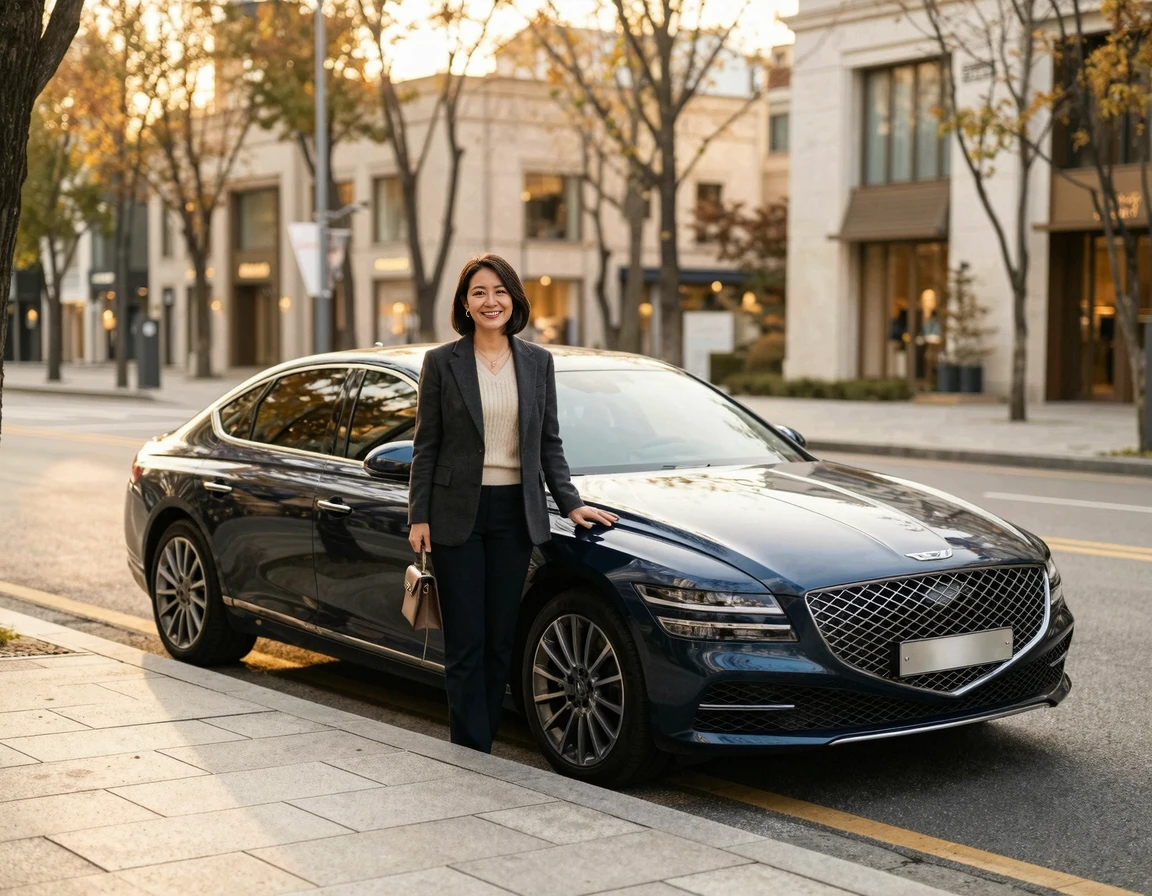 도심에 주차된 세련된 최신형 세단 차량