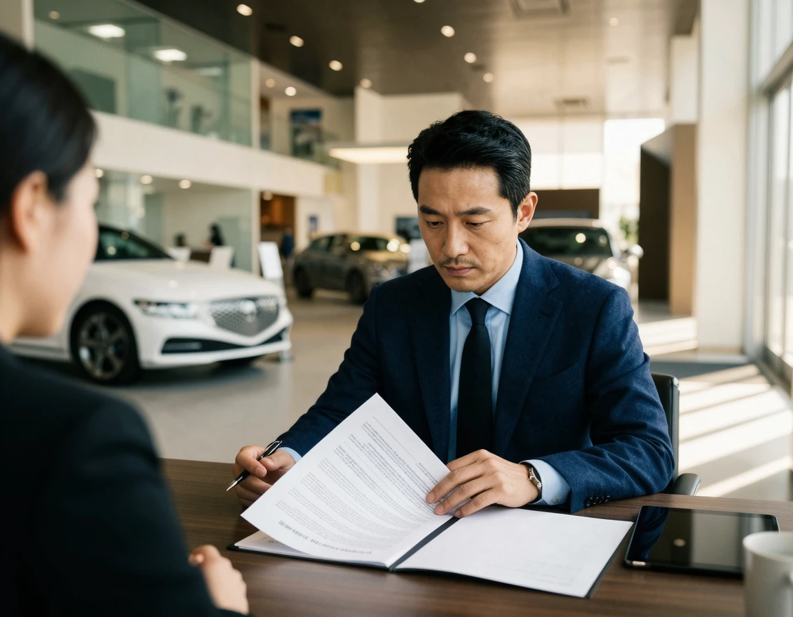 자동차 할부 계약서를 심각하게 살펴보는 40대 남성