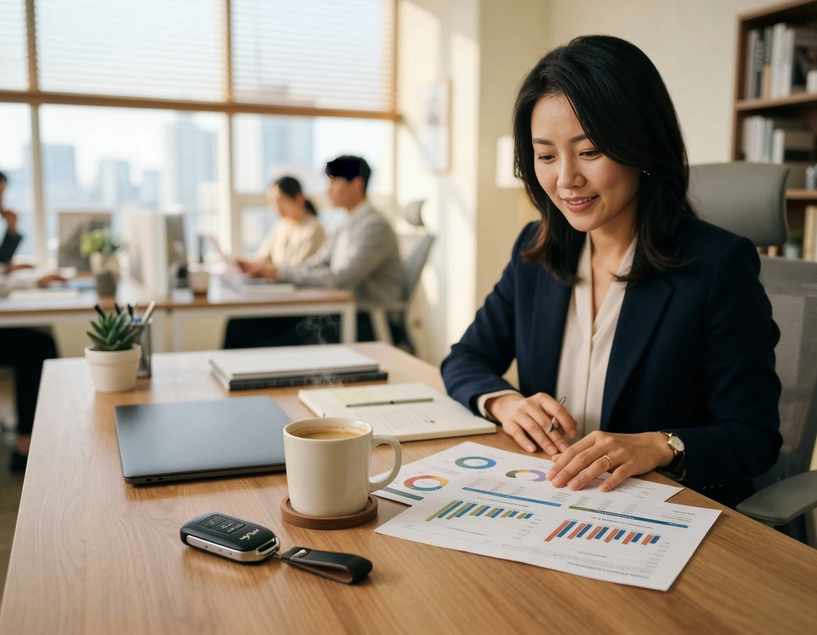 자동차 키와 금융 서류가 놓인 데스크