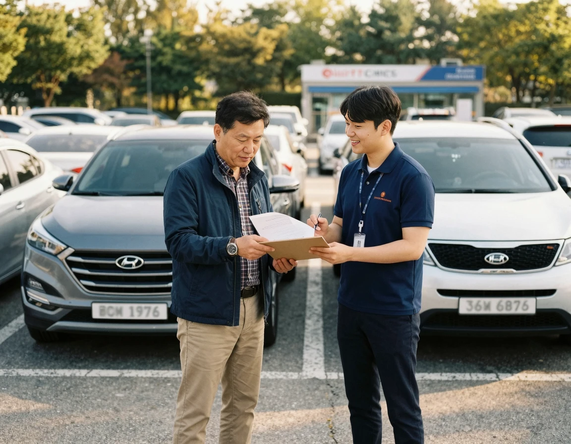 리콜 수리 기간 동안 제공받을 대차 차량의 서류를 꼼꼼히 확인하는 모습