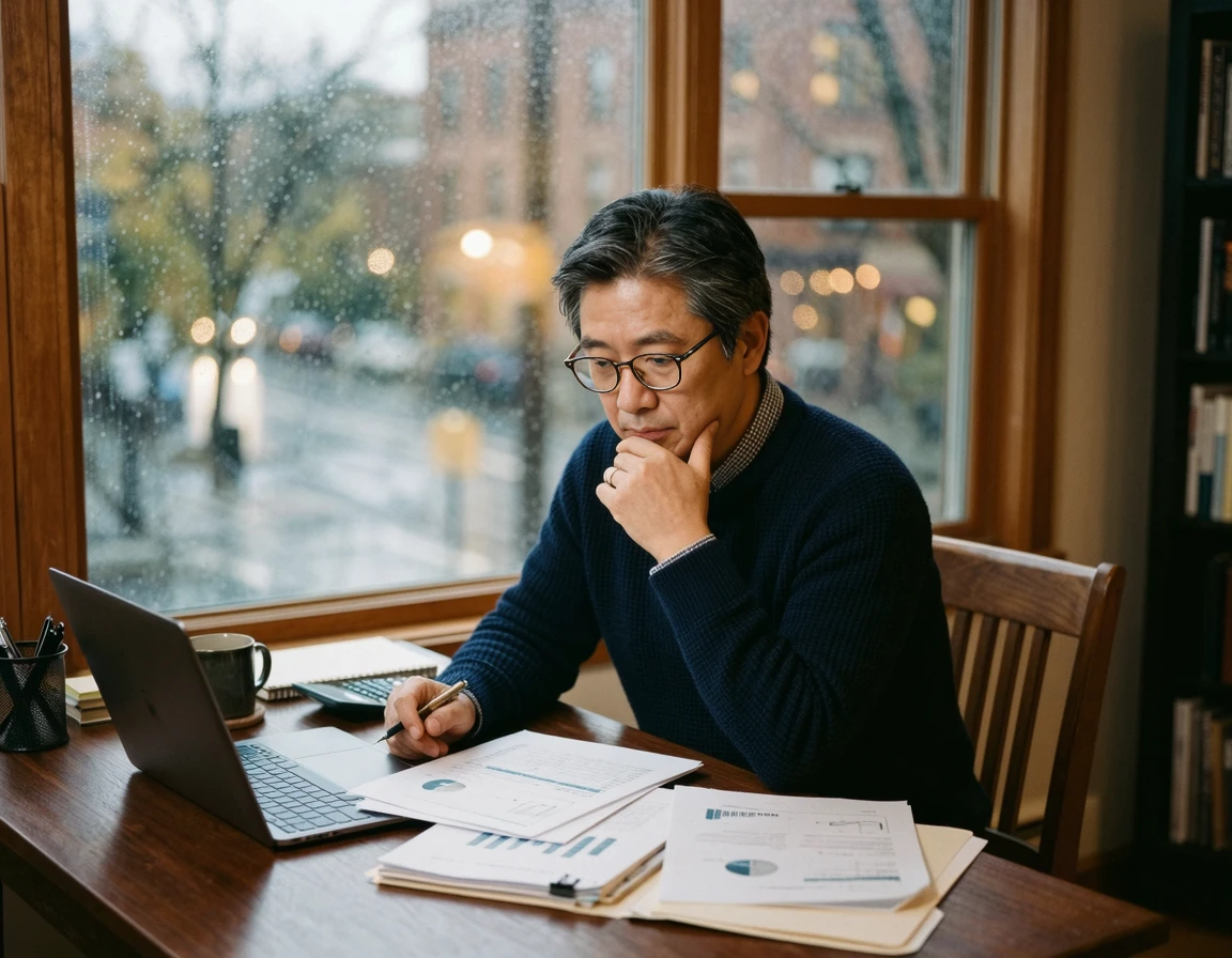 비 오는 날 서류를 검토하며 생각에 잠긴 남성
