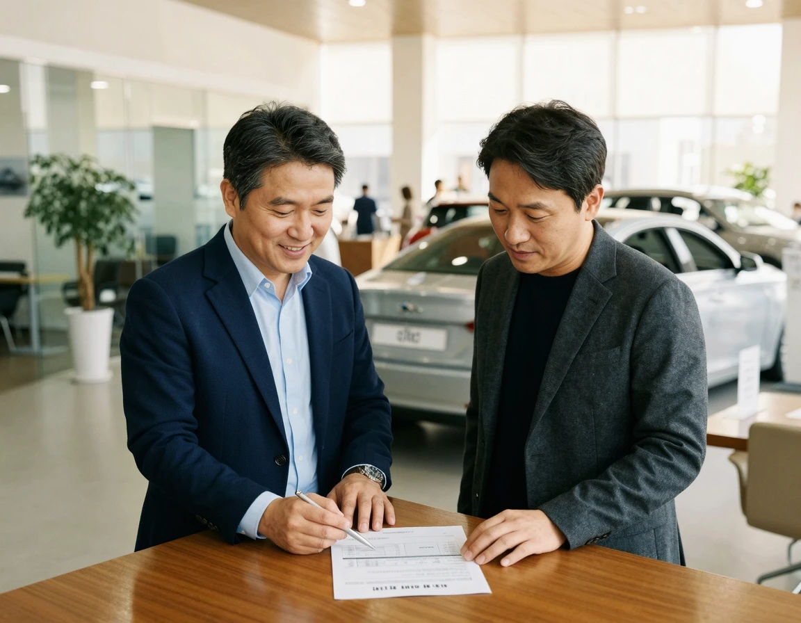 자동차 매장에서 서류를 함께 검토하는 두 남성