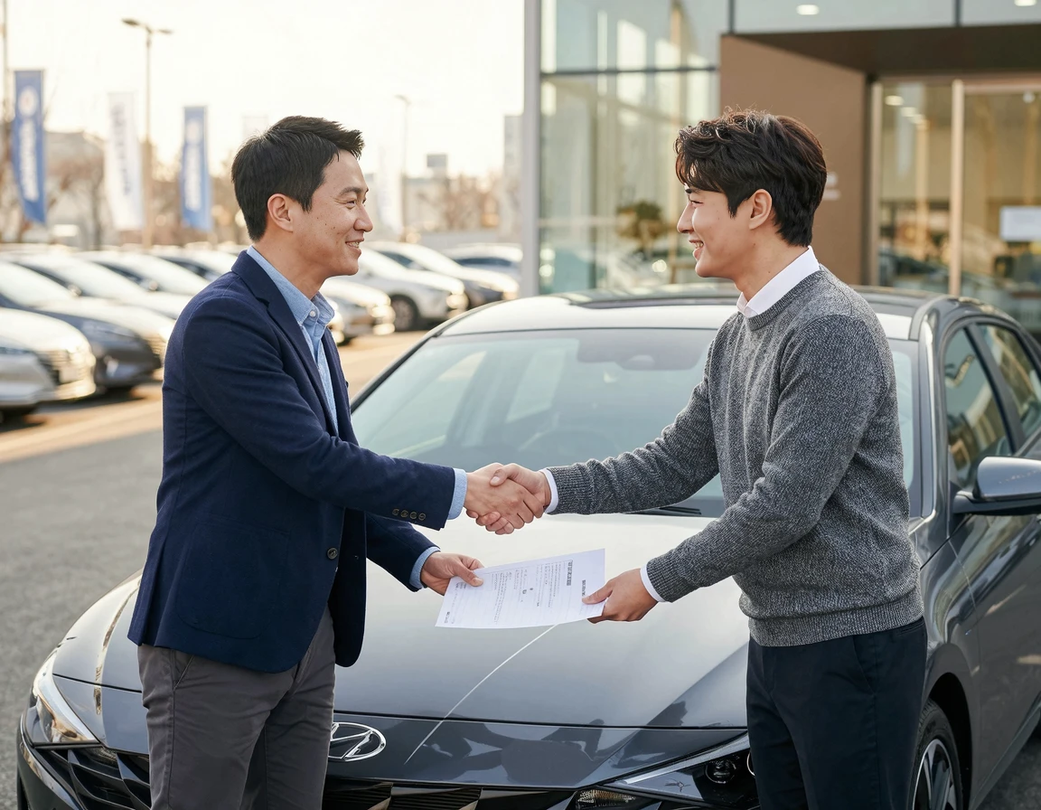 자동차 후드 위에서 계약 서류를 두고 악수하는 두 남성