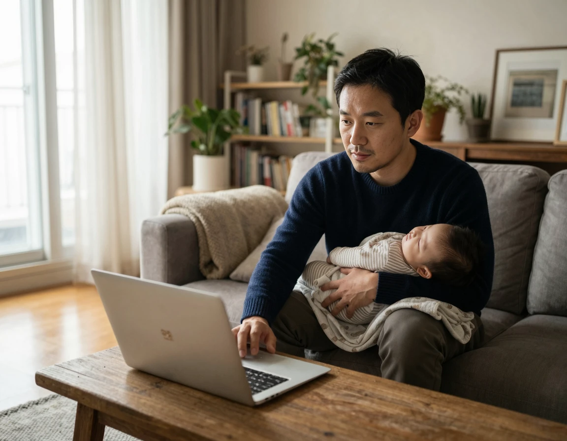 육아휴직 중 차량 금융을 고민하는 아버지의 모습