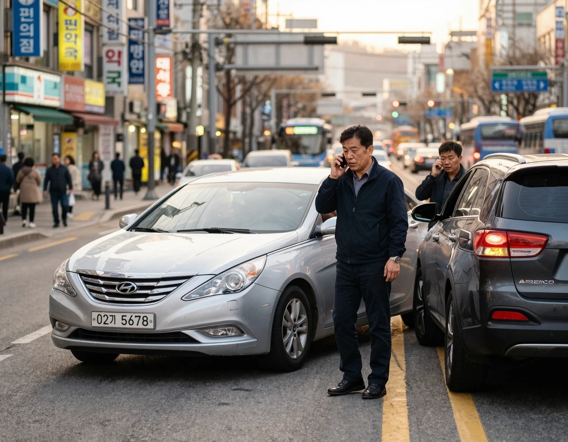 가벼운 접촉 사고 후 걱정스러운 표정으로 통화하는 40대 운전자