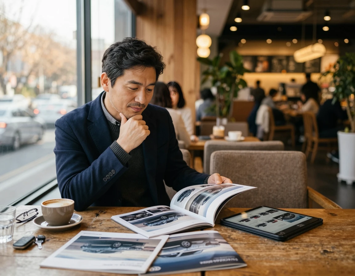 자동차 카탈로그와 태블릿을 보며 고민하는 남성