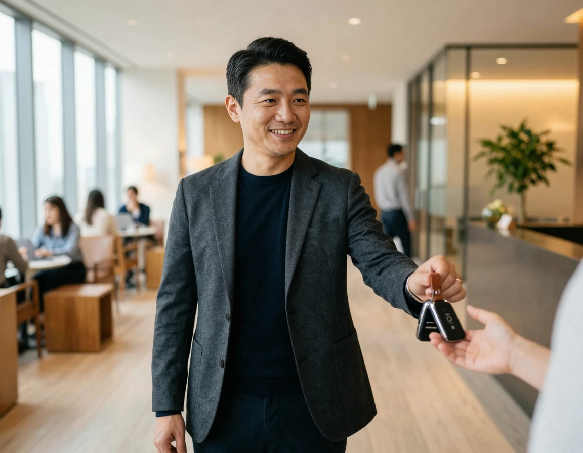 자신에게 맞는 신차 계약을 마치고 차 키를 건네받는 모습