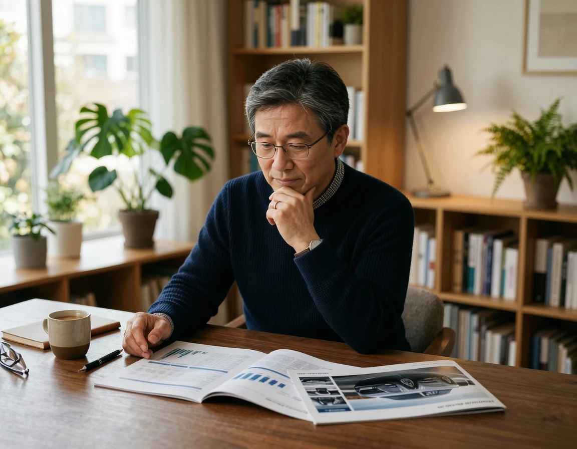 자동차 금융 서류를 검토하며 은퇴 준비를 고민하는 50대 남성