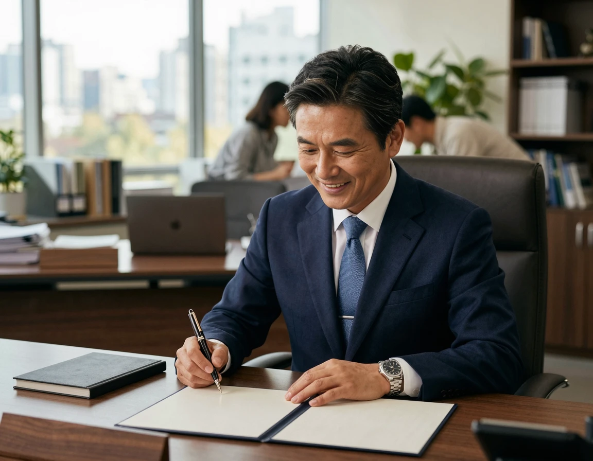 자신감 있게 계약서에 서명하는 남성