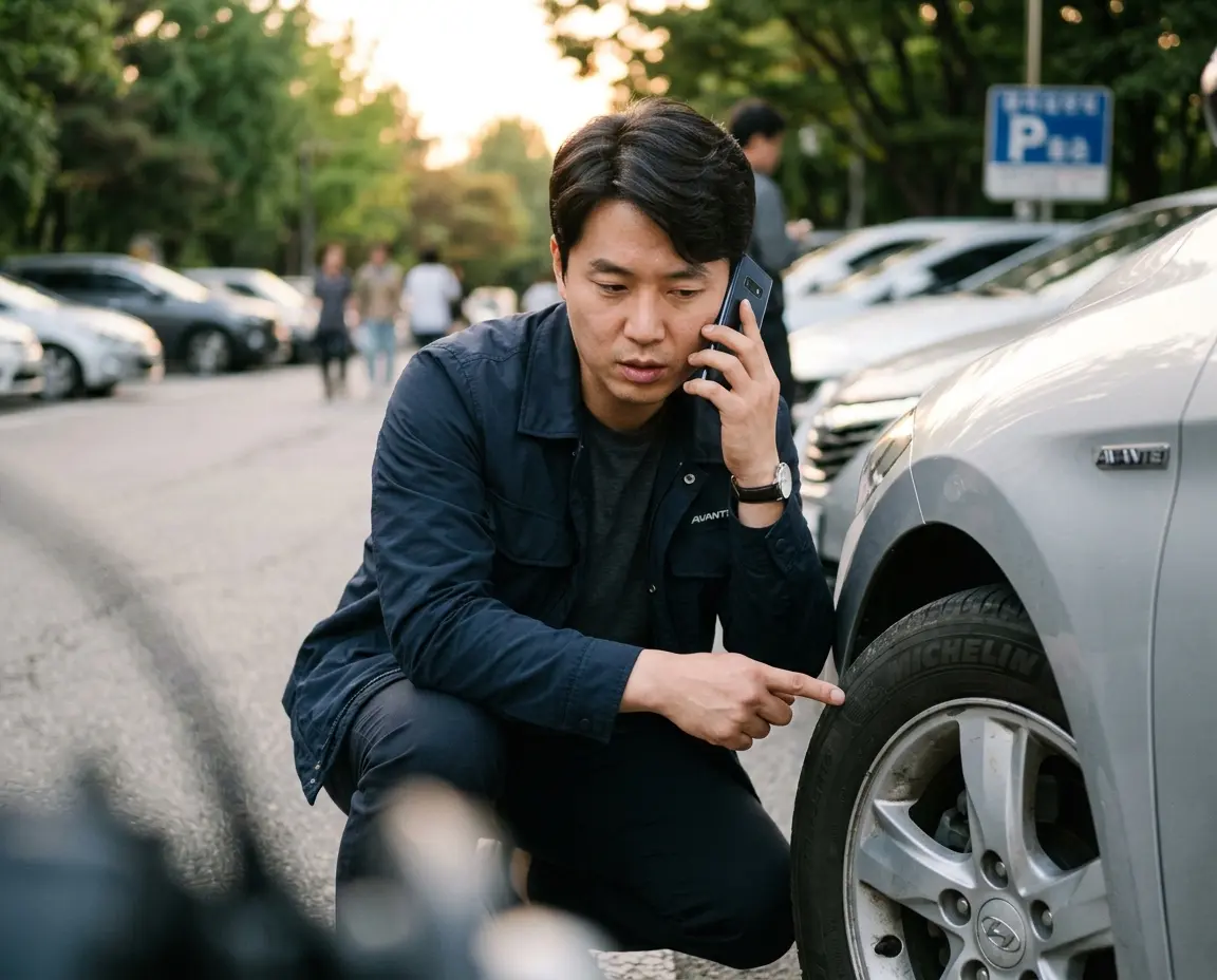 차량 결함을 발견하고 렌트사 담당자와 통화하며 상황을 알리는 모습