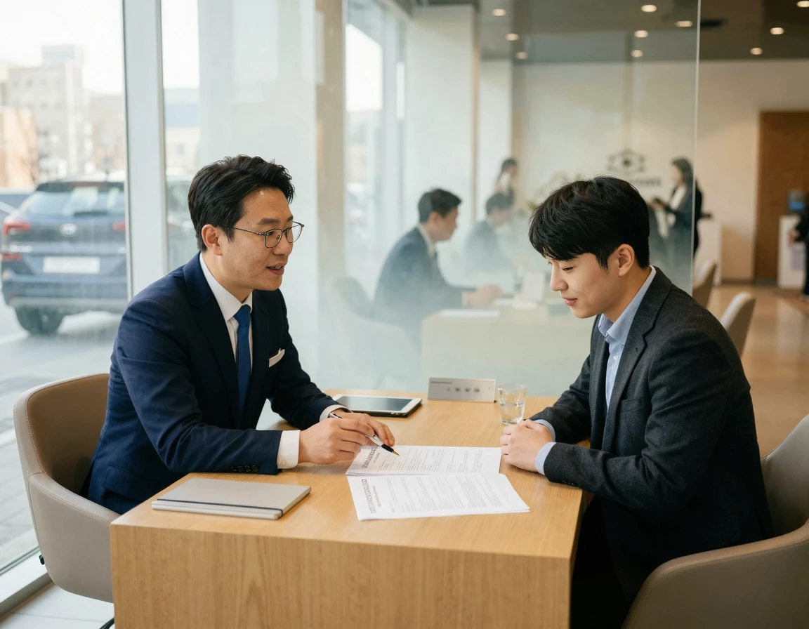 자동차 금융 전문가와 고객이 서류를 보며 상담하는 모습