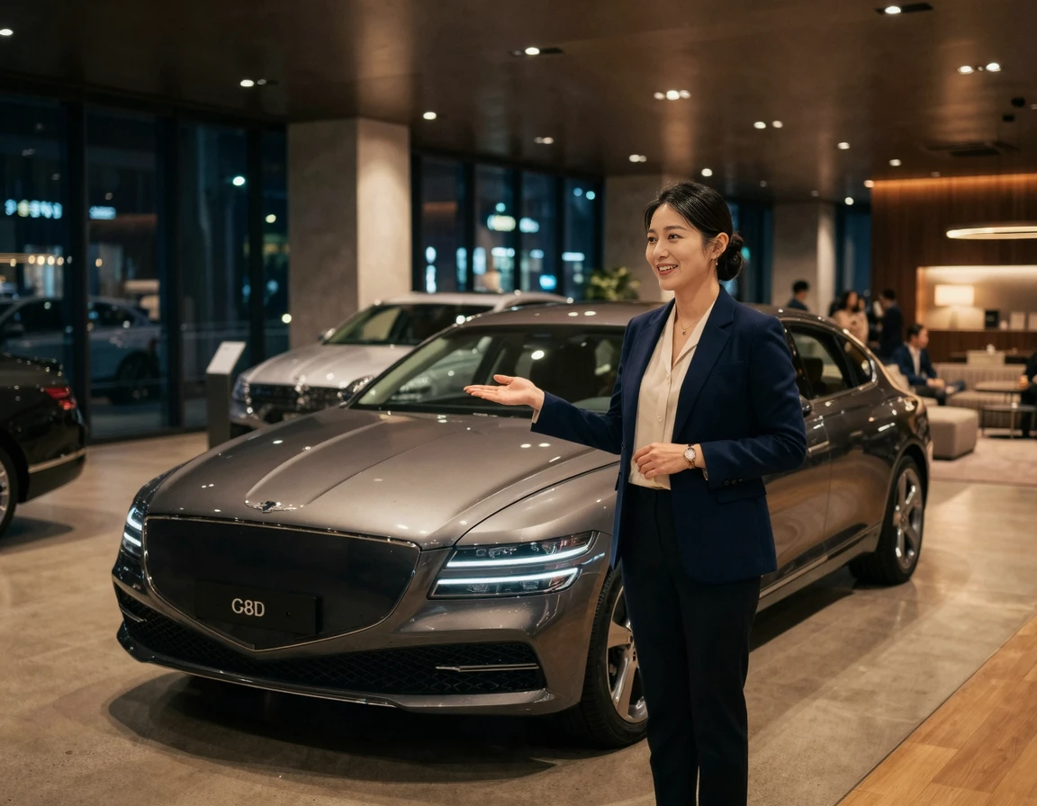 고급스러운 조명 아래 전시된 세련된 디자인의 자동차