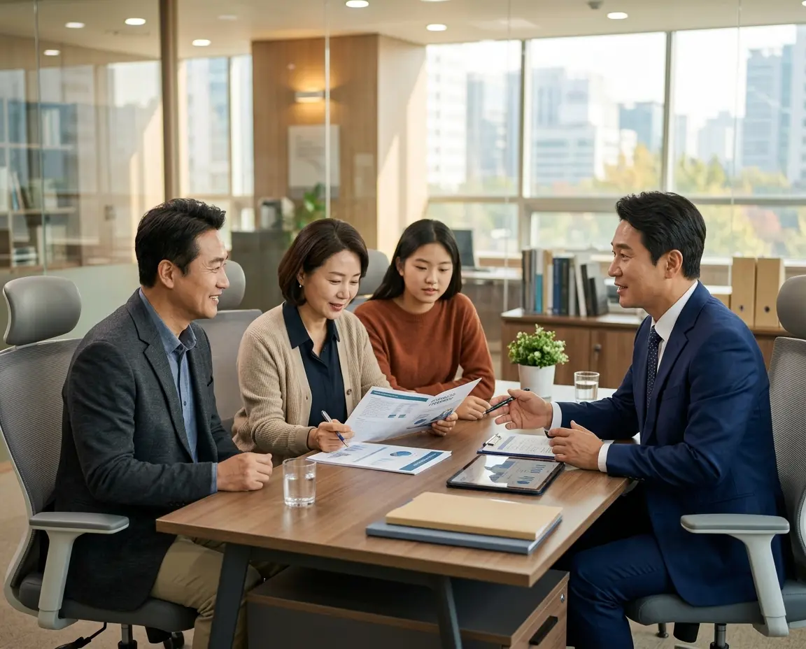 현대적인 사무실에서 금융 전문가와 상담하는 가족의 모습