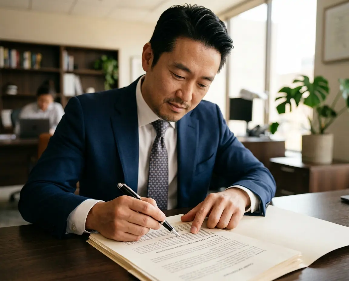 계약서의 특정 조항을 펜으로 짚으며 확인하는 모습
