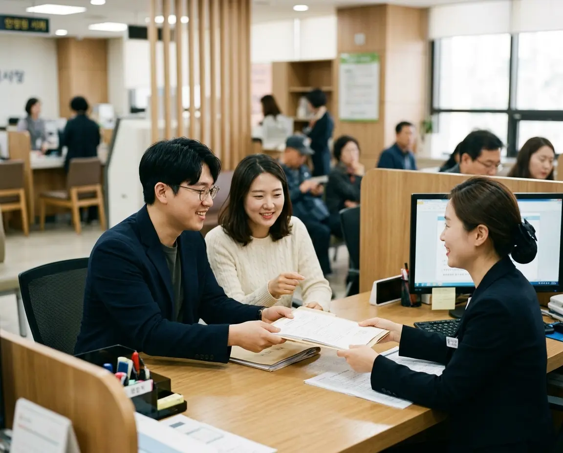 차량등록사업소에서 공동명의 이전 서류를 제출하는 부부
